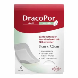 Dracopor sensitiv 5x7,2 cm steril med silikoneklæber, 3 stk