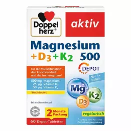 DOPPELHERZ Magnesium 500+D3+K2 depottabletter, 60 stk